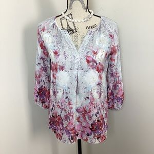 Violet+Claire Women’s Pink Purple Sheer Floral Print 3/4 Sleeve Vneck Blouse